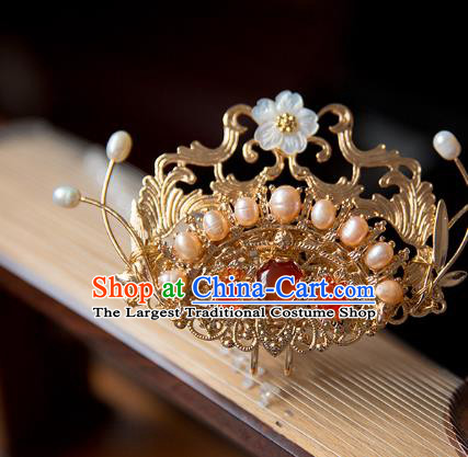 China Ming Dynasty Pearls Hair Crown Traditional Hanfu Hair Accessories Ancient Court Lady Agate Golden Hairpin