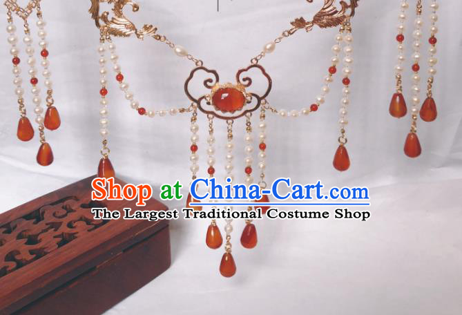 China Traditional Ancient Princess Pearls Tassel Necklace Handmade Ming Dynasty Agate Jewelry Accessories