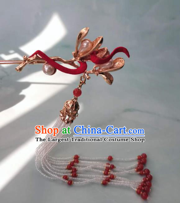 China Traditional Hanfu Hair Accessories Ming Dynasty Red Beads Tassel Hairpin Ancient Court Woman Mangnolia Hair Clip