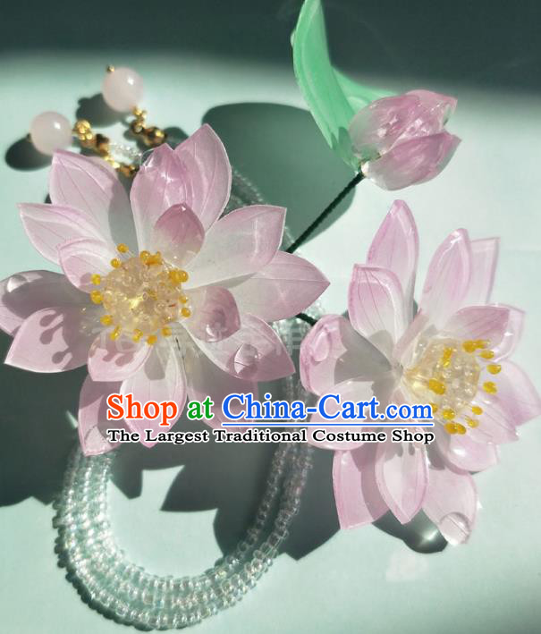 China Ming Dynasty Pink Lotus Hair Stick Traditional Hanfu Hair Accessories Ancient Princess Tassel Hairpins