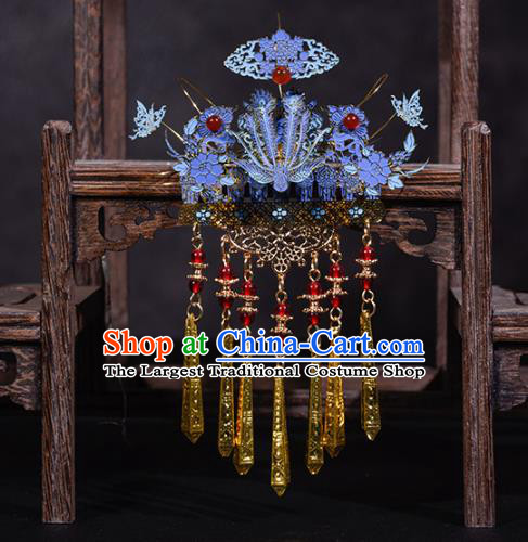 China Ancient Imperial Consort Phoenix Coronet Traditional Hanfu Qing Dynasty Hair Accessories Blueing Hair Comb Hairpins