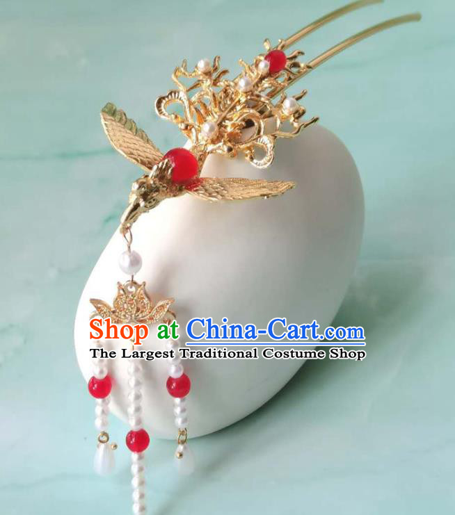 China Ming Dynasty Golden Phoenix Hairpin Ancient Court Woman Hair Crown Traditional Hanfu Hair Accessories Hair Stick