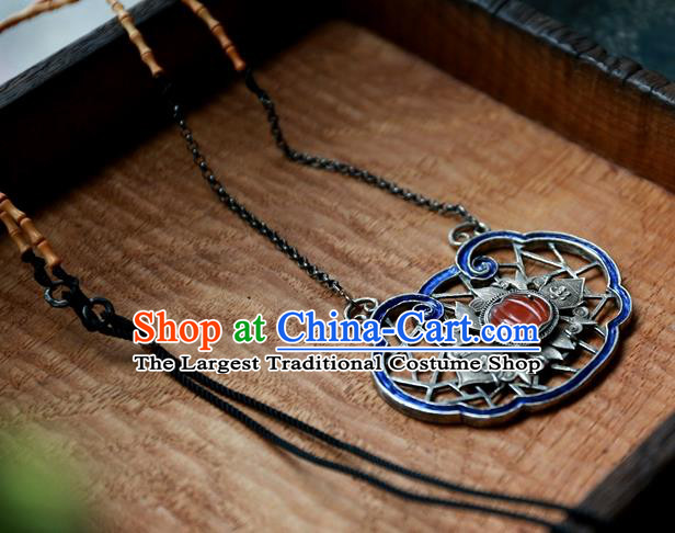 Handmade China National Jewelry Traditional Silver Carving Blueing Necklace Pendant Qing Dynasty Agate Accessories