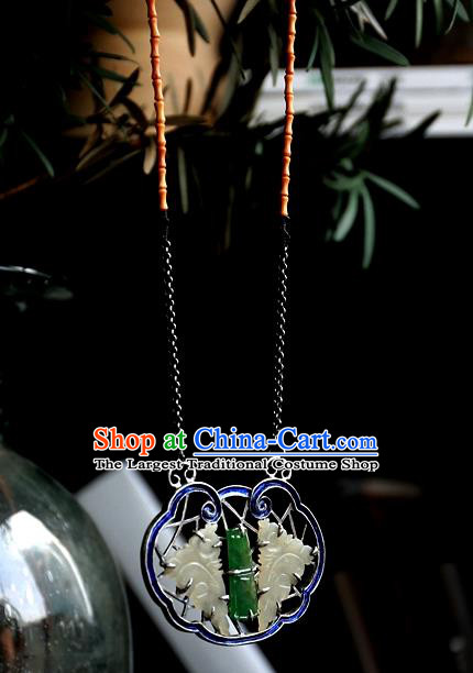 Handmade China National Jade Bamboo Necklace Pendant Traditional Silver Jewelry Qing Dynasty Blueing Accessories