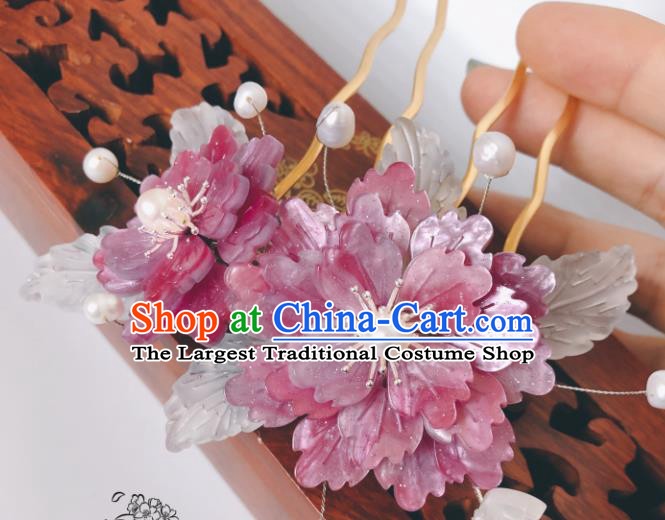 China Qing Dynasty Purple Peony Hair Comb Traditional Hanfu Hair Accessories Ancient Court Lady Shell Butterfly Hairpin