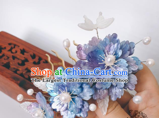 China Ancient Princess Blue Peony Hairpin Song Dynasty Hair Comb Traditional Hanfu Court Shell Butterfly Hair Accessories