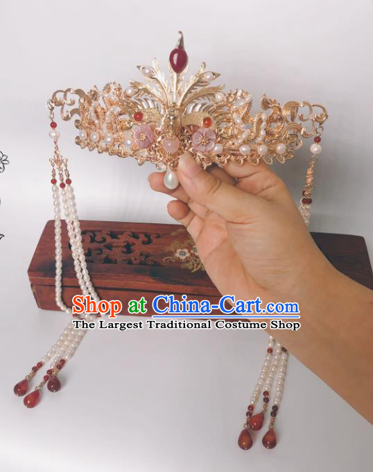 China Ming Dynasty Phoenix Coronet Traditional Hanfu Hairpin Hair Accessories Ancient Court Empress Pearls Tassel Hair Crown