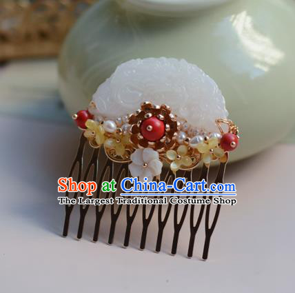 China Ancient Princess White Jade Hair Comb Traditional Court Hairpin Hanfu Hair Accessories