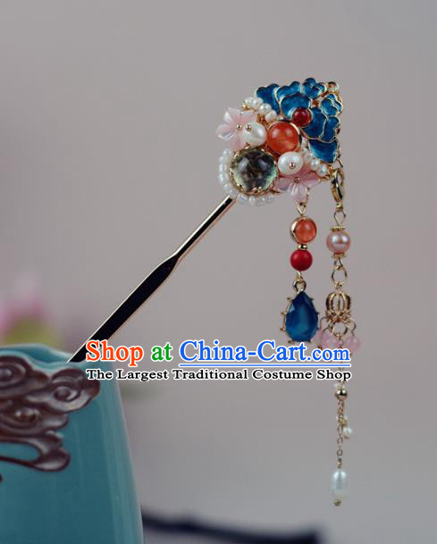 China Traditional Hair Accessories Ming Dynasty Blueing Hairpin Classical Cheongsam Tassel Hair Stick