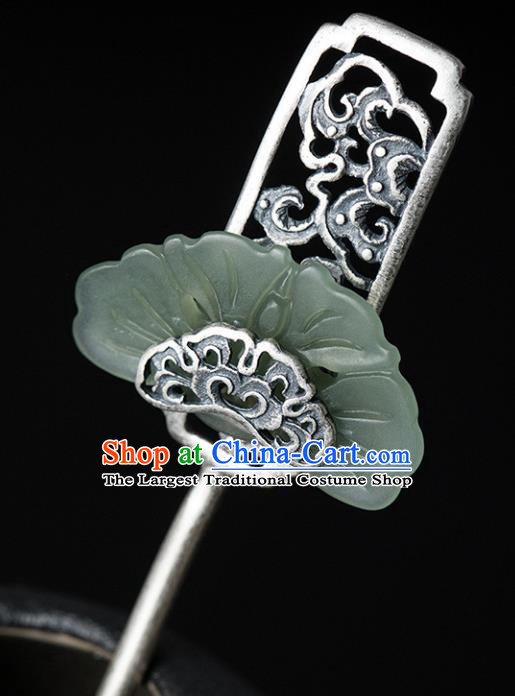 China Handmade Silver Carving Hairpin Traditional Hair Accessories Classical Cheongsam Jade Hair Stick