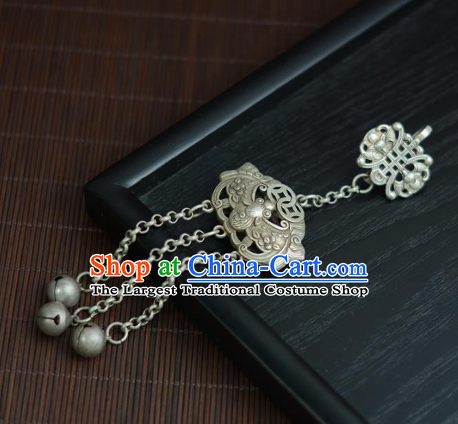 Chinese Traditional Silver Carving Bat Accessories Cheongsam Brooch Jewelry Handmade Bells Tassel Pendant