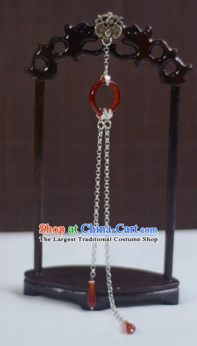 Chinese Traditional Agate Ring Accessories Cheongsam Brooch Jewelry Handmade Silver Carving Tassel Pendant