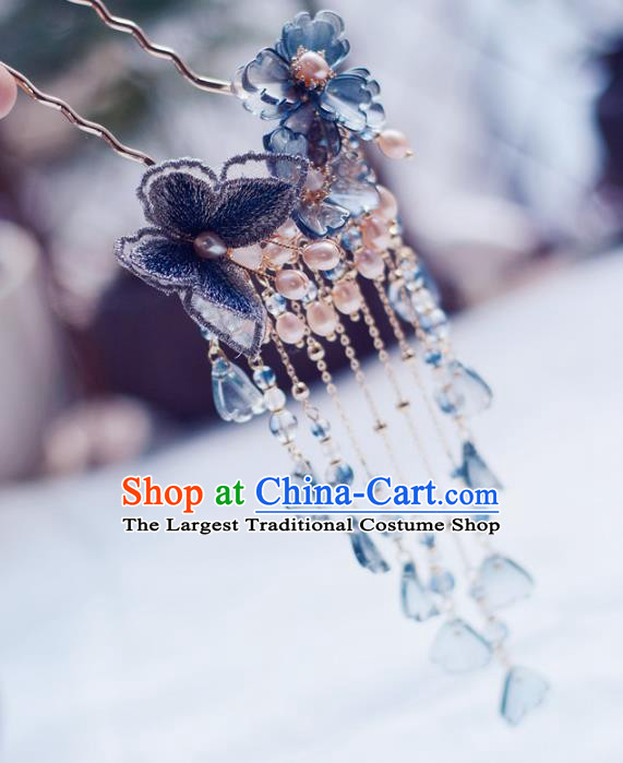 China Handmade Blue Lace Butterfly Hairpin Traditional Hair Accessories Classical Cheongsam Pearls Tassel Hair Stick