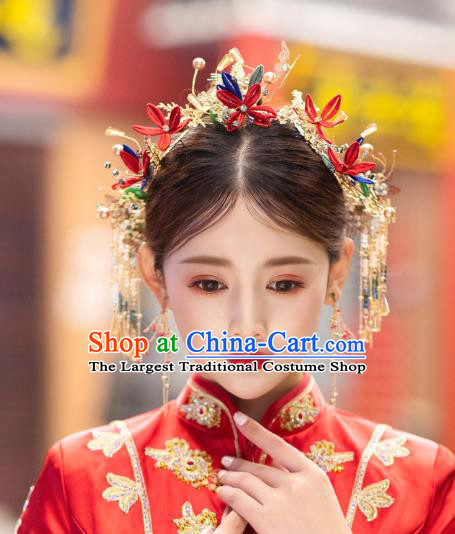 China Handmade Red Silk Flower Hairpins Tassel Hair Sticks Traditional Xiuhe Suit Bride Hair Accessories Wedding Headwear Complete Set