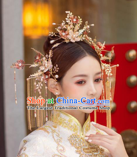 China Handmade Golden Hair Comb Hairpins Traditional Wedding Xiuhe Suit Headwear Bride Hair Accessories Complete Set