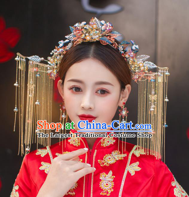 China Handmade Xiuhe Suit Blueing Phoenix Coronet Bride Tassel Hair Crown Traditional Wedding Hair Accessories