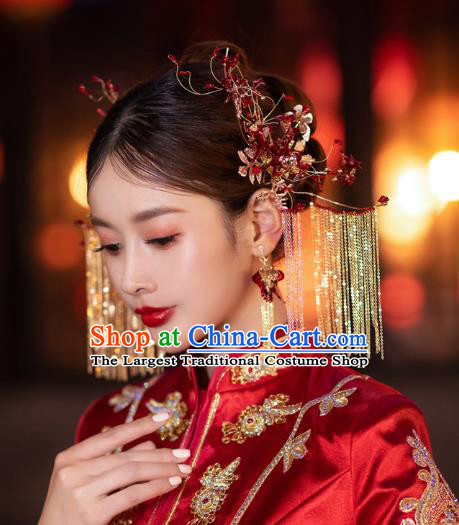 China Handmade Wedding Headwear Traditional Xiuhe Suit Bride Hair Accessories Hairpins Tassel Hair Sticks Complete Set