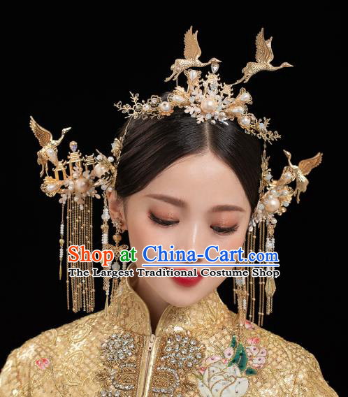 China Traditional Handmade Phoenix Coronet Xiuhe Suit Hair Accessories Wedding Bride Hair Jewelry Golden Crane Hair Crown Hairpins Full Set