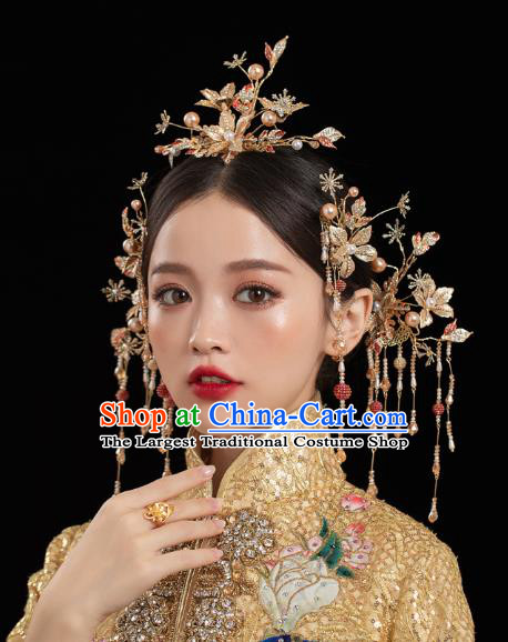 China Traditional Xiuhe Suit Hair Accessories Wedding Bride Hair Jewelry Handmade Golden Hair Comb Hairpins Full Set