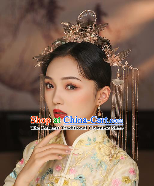 China Traditional Wedding Hair Accessories Bride Golden Hair Crown and Tassel Hairpins Full Set