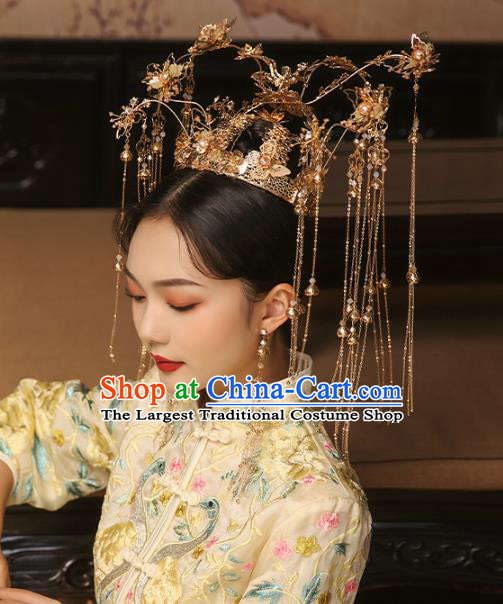 China Ancient Bride Deluxe Golden Tassel Phoenix Coronet Traditional Wedding Xiuhe Suit Hair Accessories