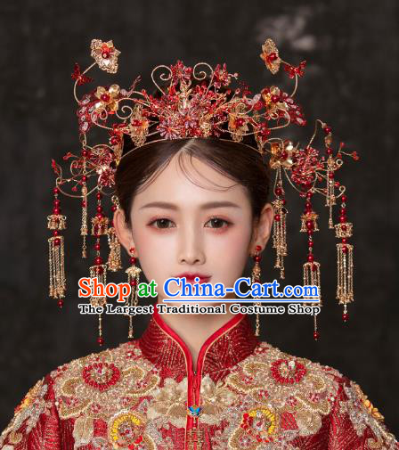 China Traditional Wedding Hair Accessories Bride Red Peacock Phoenix Coronet and Tassel Hairpins Full Set