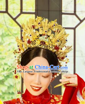 China Traditional Ancient Bride Phoenix Coronet and Tassel Hairpins Earrings Datang Tumbler Girl Wedding Hair Accessories Full Set