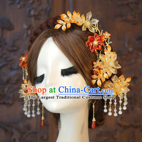 China Traditional Wedding Flowers Hair Sticks and Hair Comb Tassel Hairpins Earrings Ancient Bride Hair Accessories