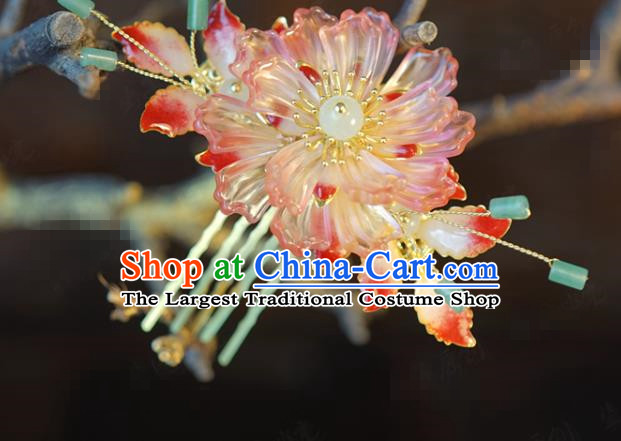 China Traditional Pink Peony Hair Comb Wedding Xiuhe Suit Hair Accessories Bride Flower Hairpin