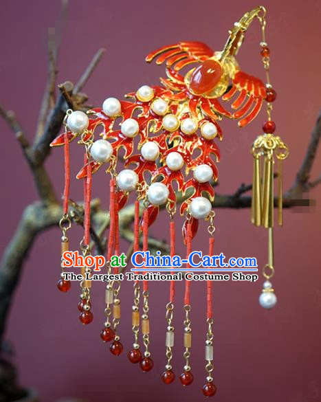 China Traditional Red Phoenix Hair Stick Wedding Xiuhe Suit Hair Accessories Bride Agate Tassel Hairpin