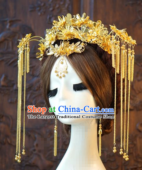 China Ancient Bride Tassel Hairpins Golden Phoenix Coronet Traditional Wedding Hair Accessories Full Set