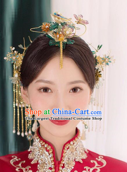 China Ancient Bride Hair Crown Traditional Wedding Hair Accessories Golden Tassel Hairpins Full Set