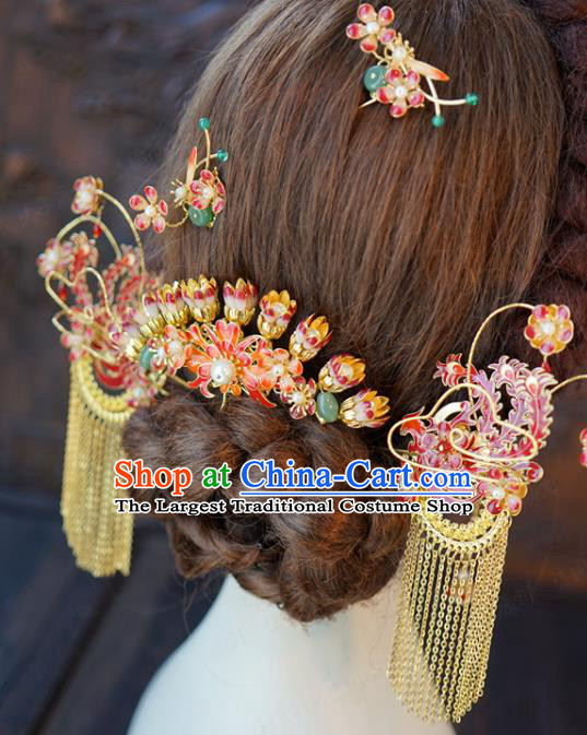 China Ancient Bride Back Hair Comb Traditional Wedding Hair Accessories Golden Tassel Hairpins Hair Sticks Full Set