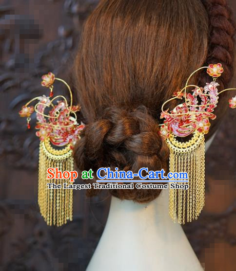 China Traditional Red Phoenix Hair Sticks Wedding Xiuhe Suit Hair Accessories Bride Golden Tassel Hairpins