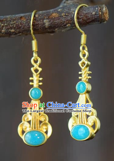 Top Grade Traditional China Ancient Court Woman Earrings Qing Dynasty Golden Lute Ear Jewelry Accessories