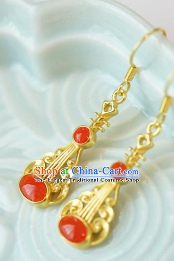 Top Grade Traditional China Qing Dynasty Golden Lute Ear Jewelry Accessories Ancient Red Gems Earrings