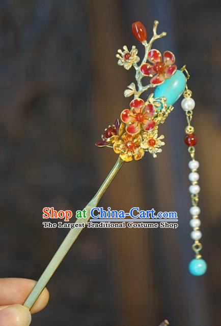 China Traditional Qing Dynasty Palace Tassel Hairpin Xiuhe Suit Hair Accessories Wedding Plum Blossom Hair Stick