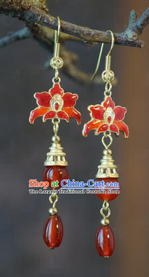 Top Grade Ancient Queen Red Beads Earrings China Hanfu Accessories Qing Dynasty Court Cloisonne Lotus Ear Jewelry