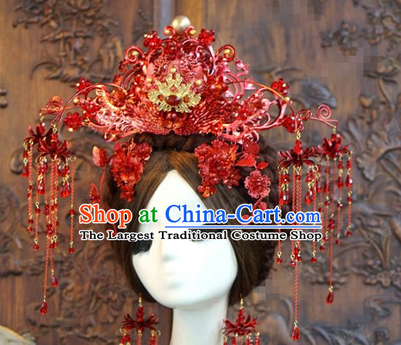 China Traditional Bride Wedding Hair Accessories Tassel Hair Crown Ancient Queen Red Phoenix Coronet Complete Set