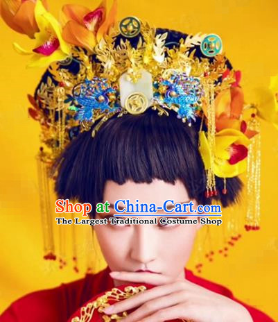 China Traditional Qing Dynasty Court Hair Accessories Ancient Queen Phoenix Coronet Jade Hat Complete Set