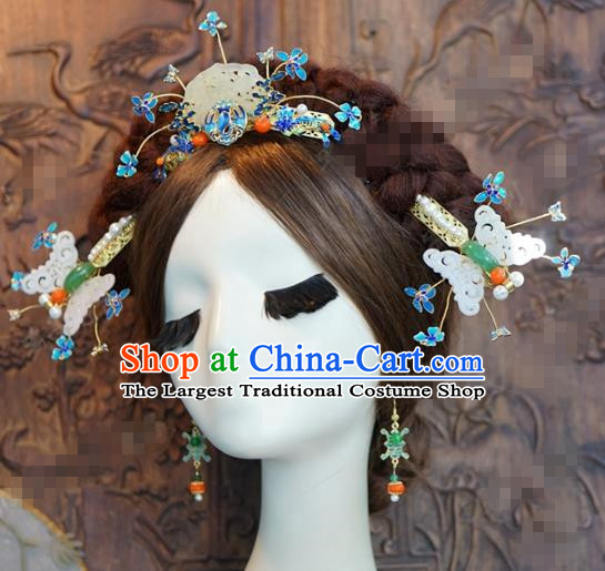 China Traditional Qing Dynasty Empress Jade Butterfly Hair Accessories Ancient Court Queen Hair Crown and Hairpins Complete Set