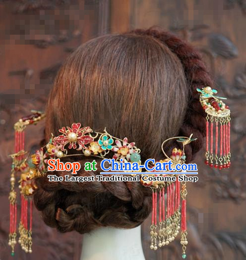 China Traditional Wedding Beads Tassel Hair Comb and Hairpins Ancient Bride Hair Accessories Full Set