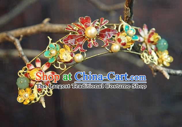 China Wedding Cloisonne Red Peony Hair Crown Traditional Xiuhe Suit Hair Accessories Ancient Bride Flowers Hair Stick