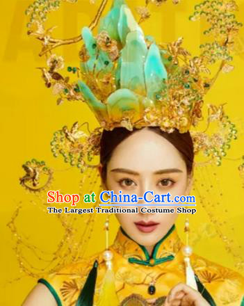 China Traditional Wedding Hair Accessories Deluxe Ancient Bride Blue Mountain Hair Crown Phoenix Coronet and Earrings Full Set