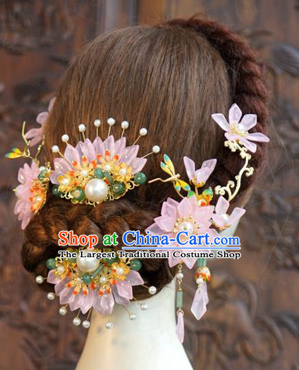 China Traditional Wedding Pink Flower Hair Combs and Hairpins Ancient Bride Hair Accessories Hair Sticks Full Set