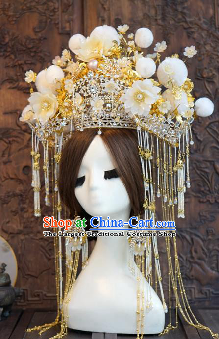 China Traditional Wedding White Silk Flowers Phoenix Coronet Hair Accessories Ancient Bride Deluxe Hair Crown and Earrings Complete Set