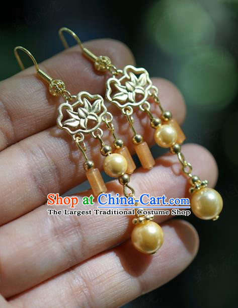 Top Grade Golden Carving Lotus Ear Jewelry China Traditional Qing Dynasty Empress Accessories Ancient Bride Ceregat Earrings