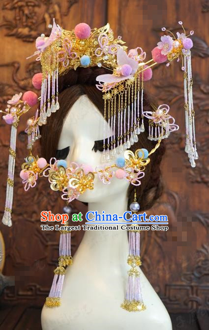 China Wedding Phoenix Coronet Traditional Hair Accessories Ancient Bride Deluxe Golden Hair Crown and Hairpins and Earrings