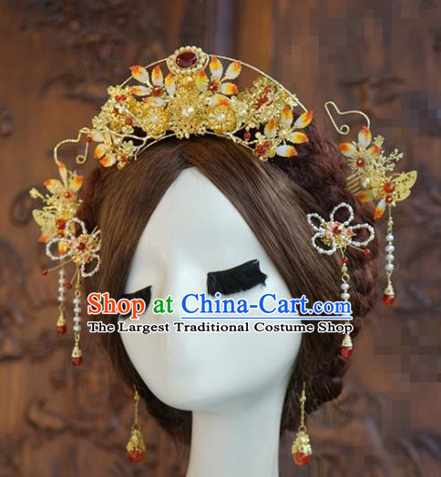 China Ancient Wedding Bride Hair Accessories Traditional Agate Hair Crown and Pearls Tassel Hairpins Full Set