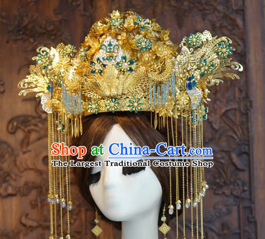 China Traditional Golden Tassel Hair Crown Deluxe Phoenix Coronet Ancient Wedding Bride Hair Accessories Full Set